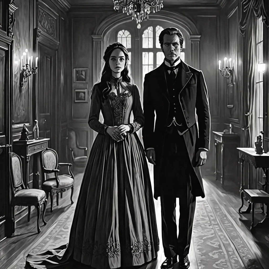 a man and a woman in formal wear standing in a room with a chandelier and a chandelier, international gothic, a detailed matte painting, Anne Said, set in 1860