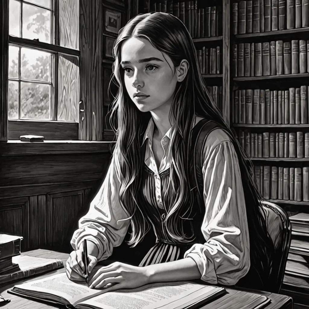 a woman sitting at a desk with a book and pen in her hand and a book in front of her, figurative art, an ultrafine detailed painting, Edgar Ainsworth, pre - raphaelite