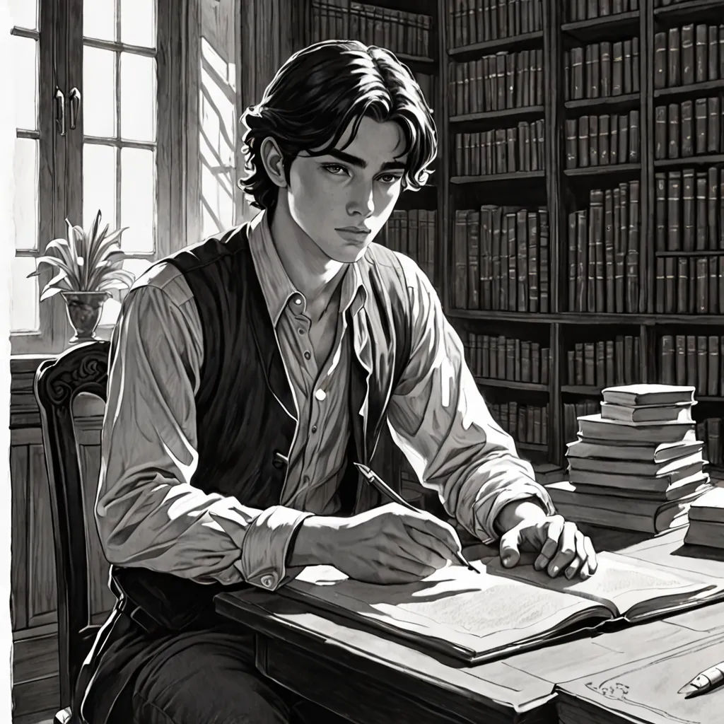 a man sitting at a desk with a book and pen in his hand and a stack of books behind him, pre-raphaelitism, a storybook illustration, Edgar Ainsworth, pre - raphaelite