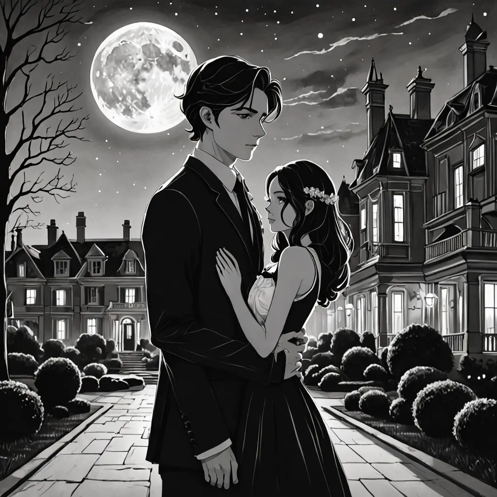 a couple in front of a full moon and a house with trees and bushes in the background, one of them is hugging the other, gothic art, a storybook illustration, Cedric Seaut (Keos Masons), official art