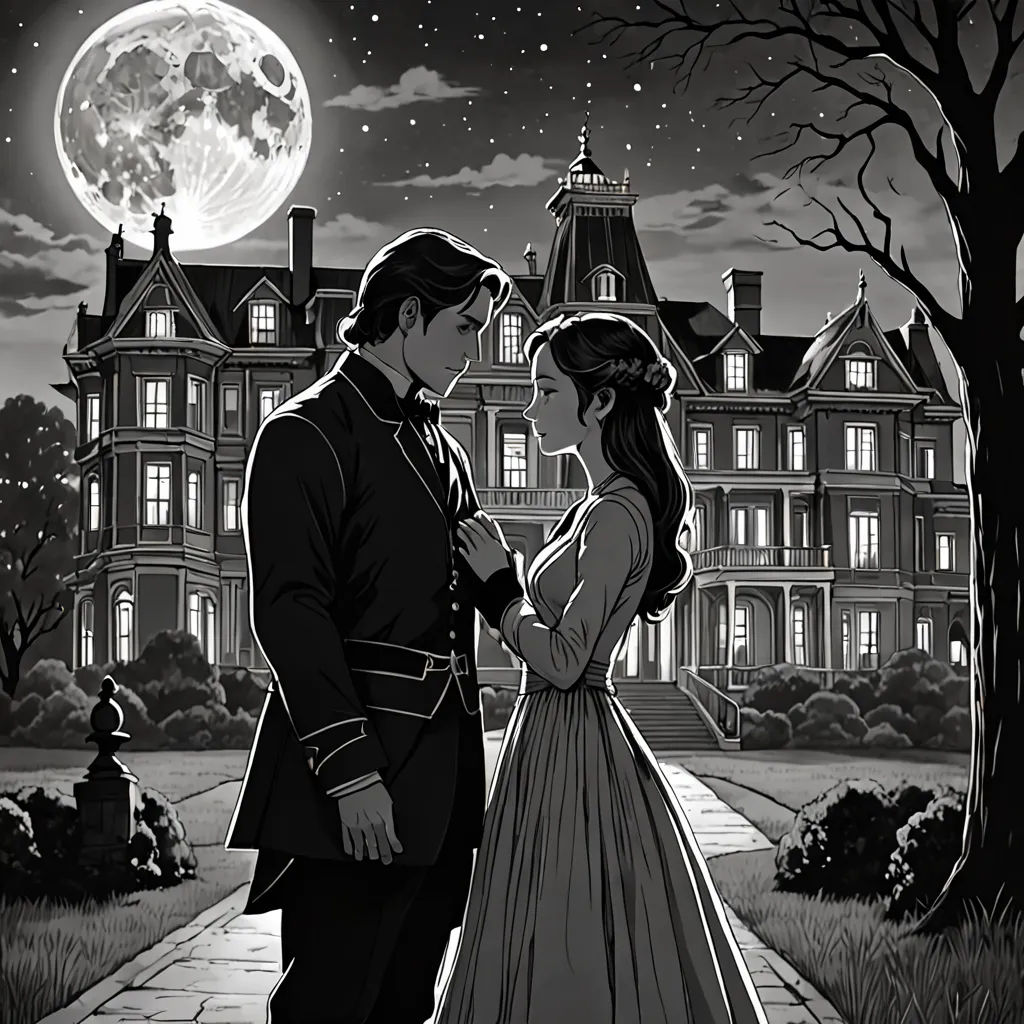 a man and woman standing in front of a castle at night with the moon in the background and a full moon in the sky, neo-romanticism, a storybook illustration, Edgar Ainsworth, storybook illustration