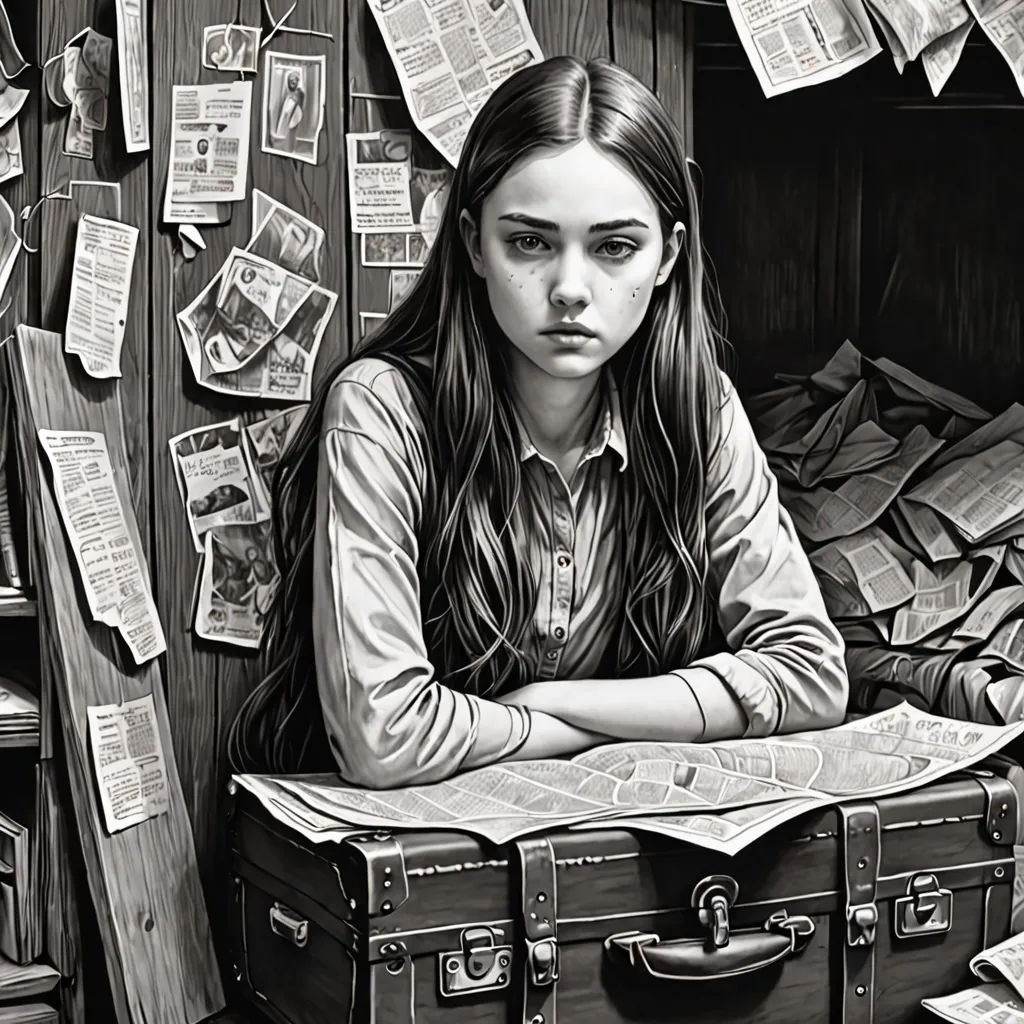 a woman sitting at a table with a suitcase in front of her and papers all over the wall behind her, context art, an ultrafine detailed painting, Brad Kunkle, highly detailed digital painting