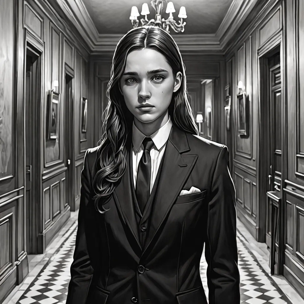 a woman in a suit standing in a hallway with a chandelier above her head and a chandelier above her head, figurative art, an ultrafine detailed painting, Charlie Bowater, stanley artgerm lau