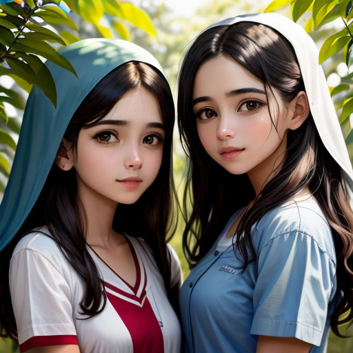two young girls standing next to each other under a tree with leaves on it and one girl wearing a blue and white shirt