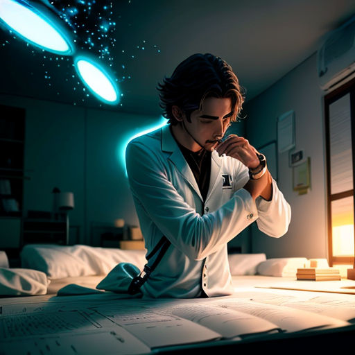 a man sitting on a bed in a room with a book and a lamp on the wall behind him