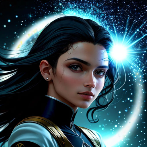 a woman with long hair and a star in her hair, wearing a uniform and a star - shaped halo