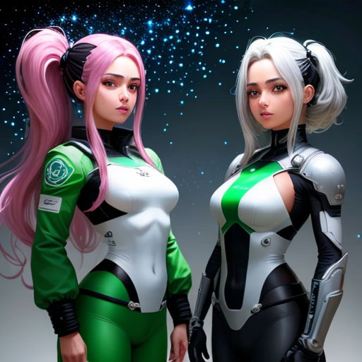 two women in futuristic outfits standing next to each other in front of a galaxy background with stars and a blue sky