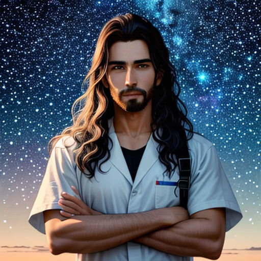 a man with long hair and a beard standing in front of a sky filled with stars and a star filled sky