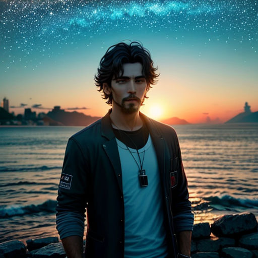 a man standing on a beach next to the ocean at sunset with a star filled sky above him and a star filled sky above him