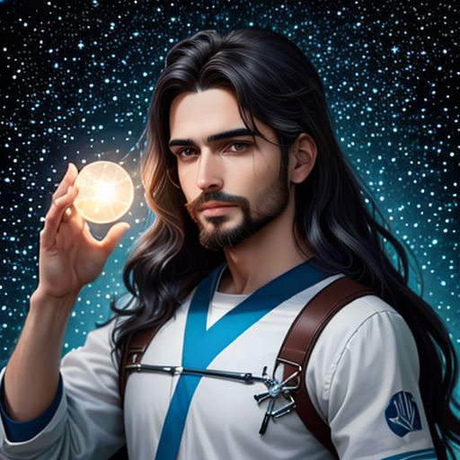 a man holding a crystal ball in his hand with stars in the background and a sky full of stars
