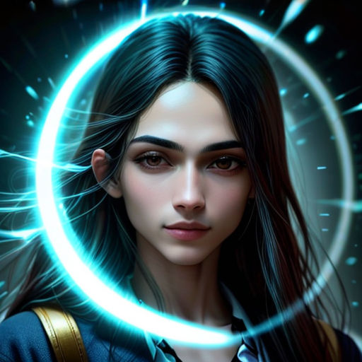 a woman with long hair and a ring around her neck, in front of a dark background with blue lights