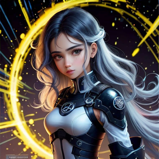 a woman in a futuristic suit with a yellow circle behind her and a yellow circle behind her, with a yellow and black background