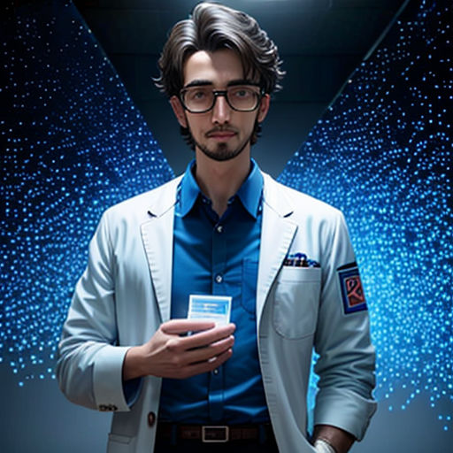a man in a white jacket and glasses holding a cell phone in front of a blue background with stars