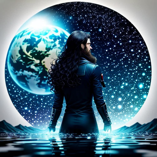 a man standing in the water with a planet in the background and a sky filled with stars and a moon