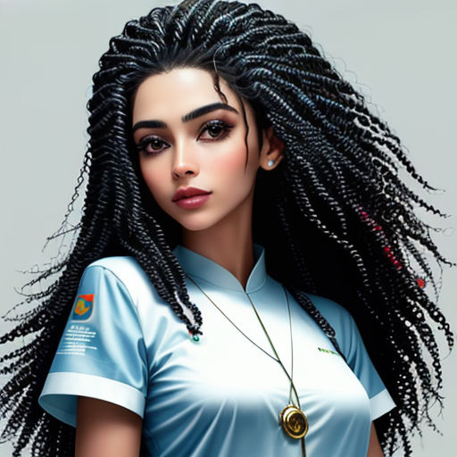 a woman with long black hair wearing a blue shirt and a necklace with a gold clasp on her neck