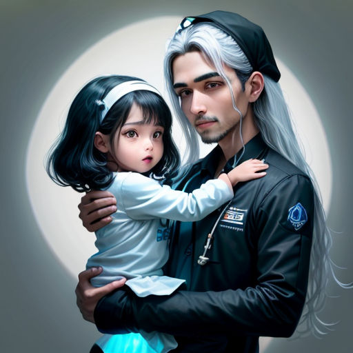a man holding a little girl in his arms with a white wig on his head and a black cap on his head