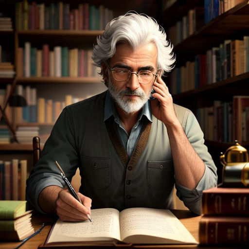 a man sitting at a desk with a book and pen in his hand and a book in front of him