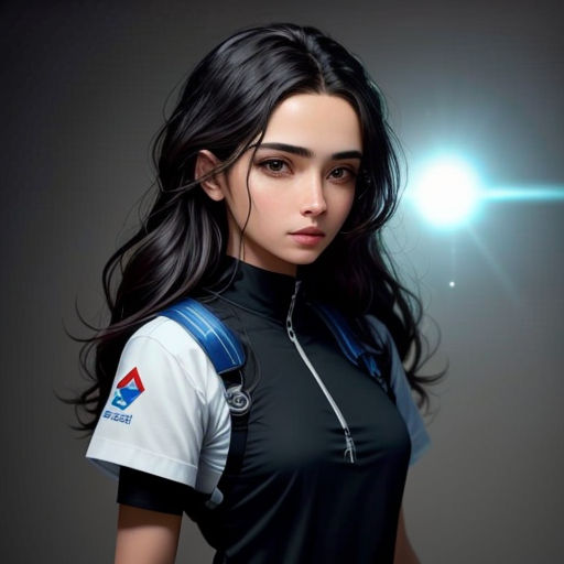 a woman with long hair and a black shirt is standing in front of a light that is shining on her