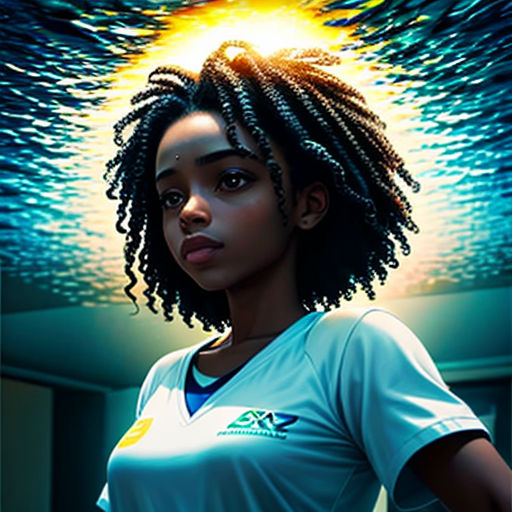 a woman with dreadlocks standing in front of a painting of a sun and clouds above her head