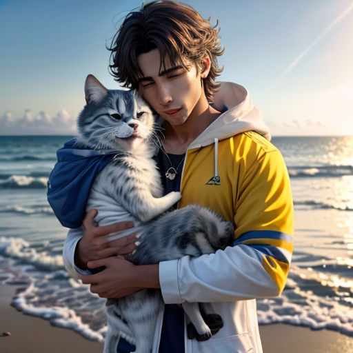 a man holding a cat on a beach near the ocean with the sun shining on the water behind him