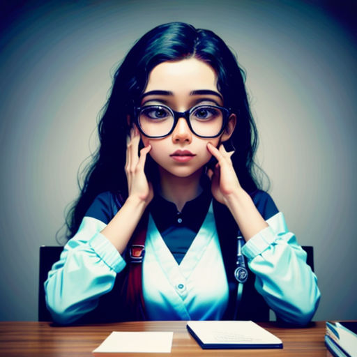 a woman with glasses sitting at a desk with a book and pen in front of her face and a book on the desk