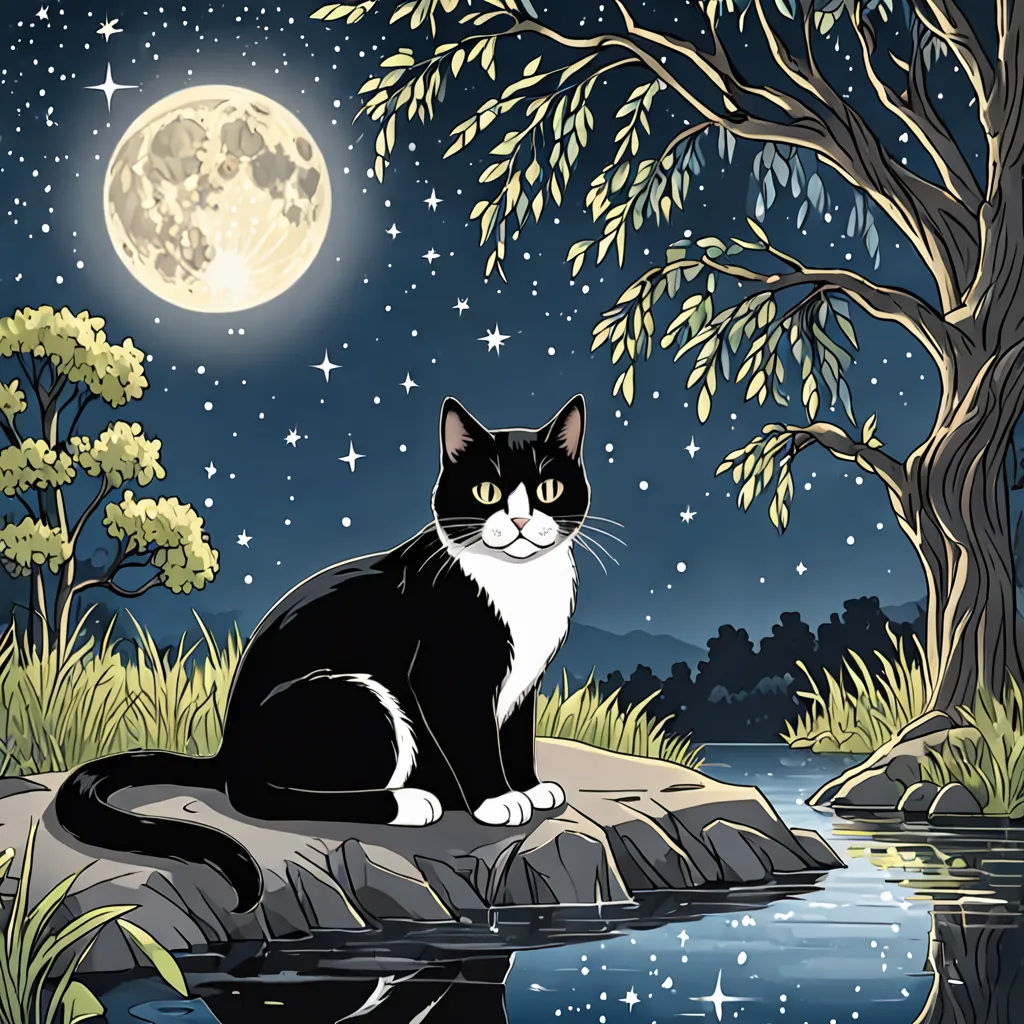 a cat sitting on a rock in the water under a full moon and stars sky with a tree and a pond, space art, a storybook illustration, Frances Jetter, night sky