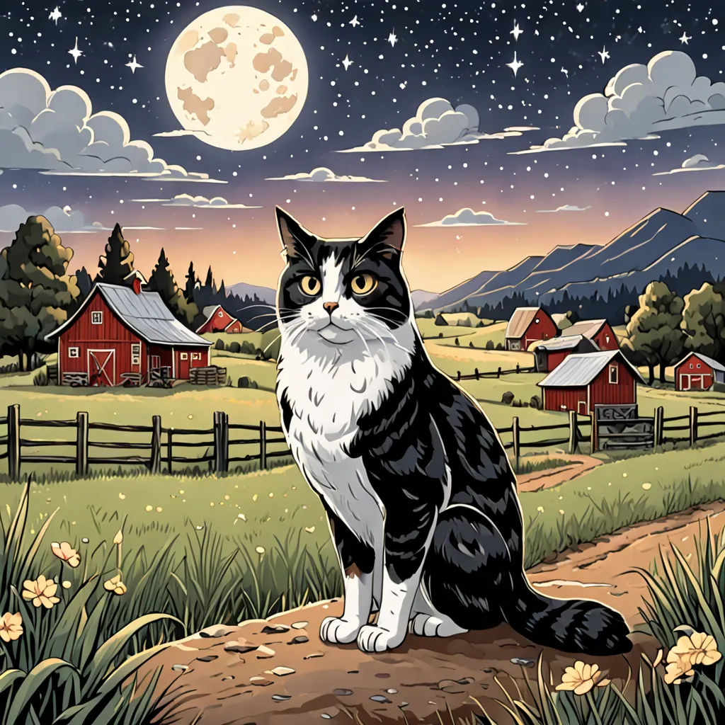 a cat sitting on a dirt road in front of a farm with a full moon in the sky above, serial art, a storybook illustration, Dan Mumford, storybook illustration