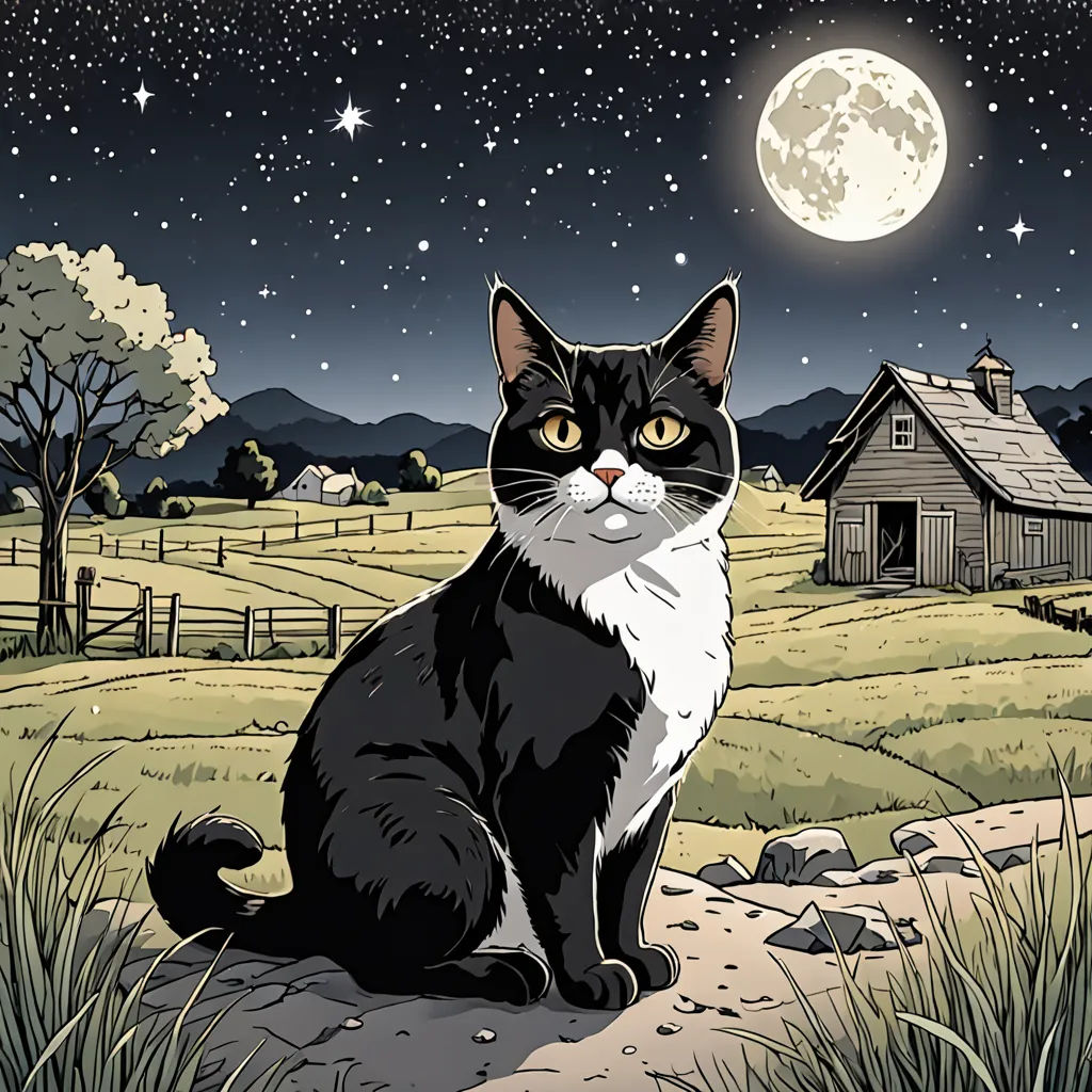 a black and white cat sitting on a rock in a field with a full moon in the background and a barn in the distance, space art, a storybook illustration, Art Spiegelman, promotional image