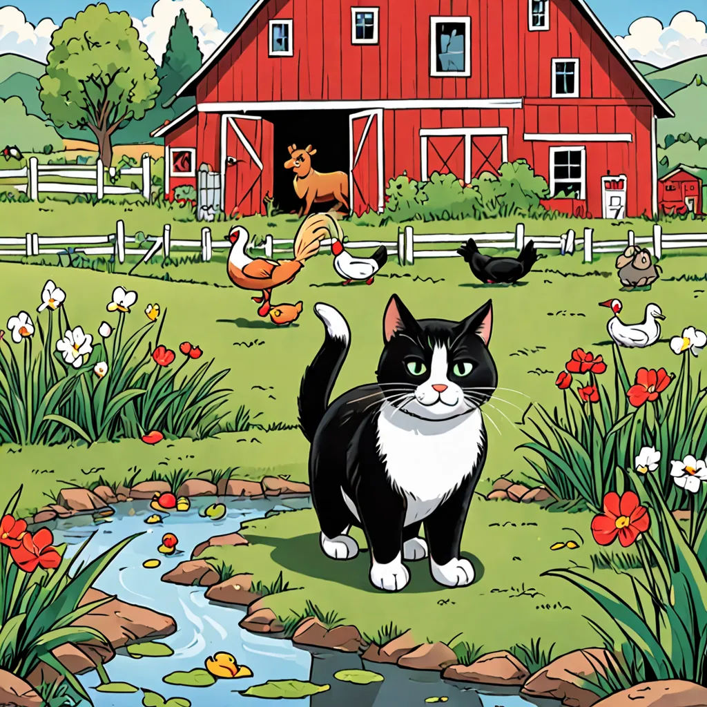 a cat is standing in the grass near a pond and farm animals and a barn with a red door, folk art, a storybook illustration, Chris Ware, storybook illustration