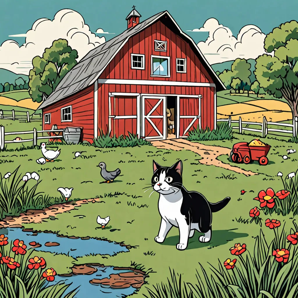 a cat is standing in the grass near a barn and a pond with chickens and ducks in the background, folk art, a storybook illustration, Chris Ware, comic cover art