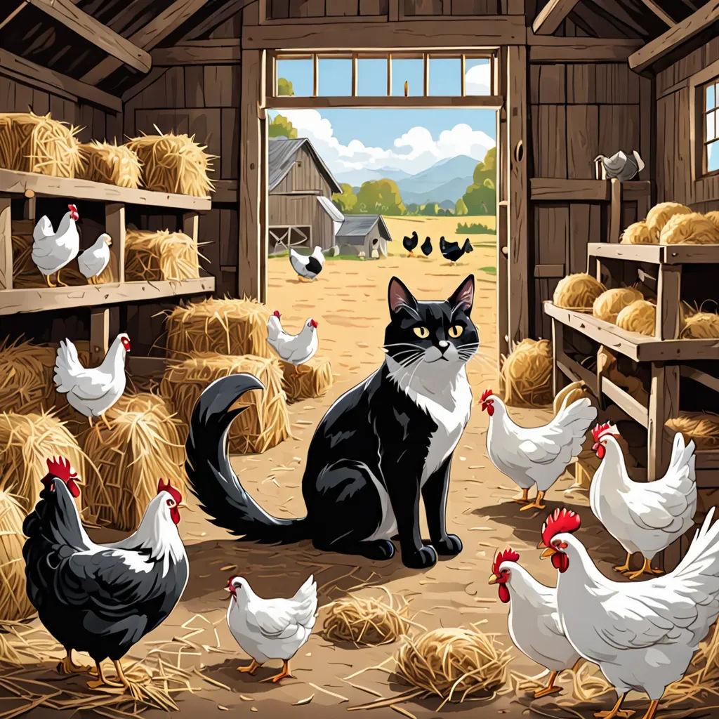 a cat sitting in a barn with chickens and chickens around it and hay bales in the background on a farm, folk art, a storybook illustration, Chris LaBrooy, furaffinity