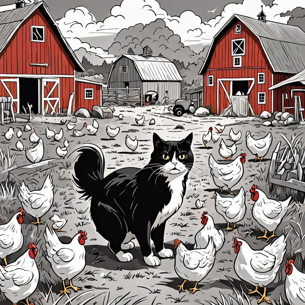a black and white cat standing in a field of chickens and chickens in front of a barn and red barn, regionalism, a storybook illustration, Brian Despain, storybook illustration