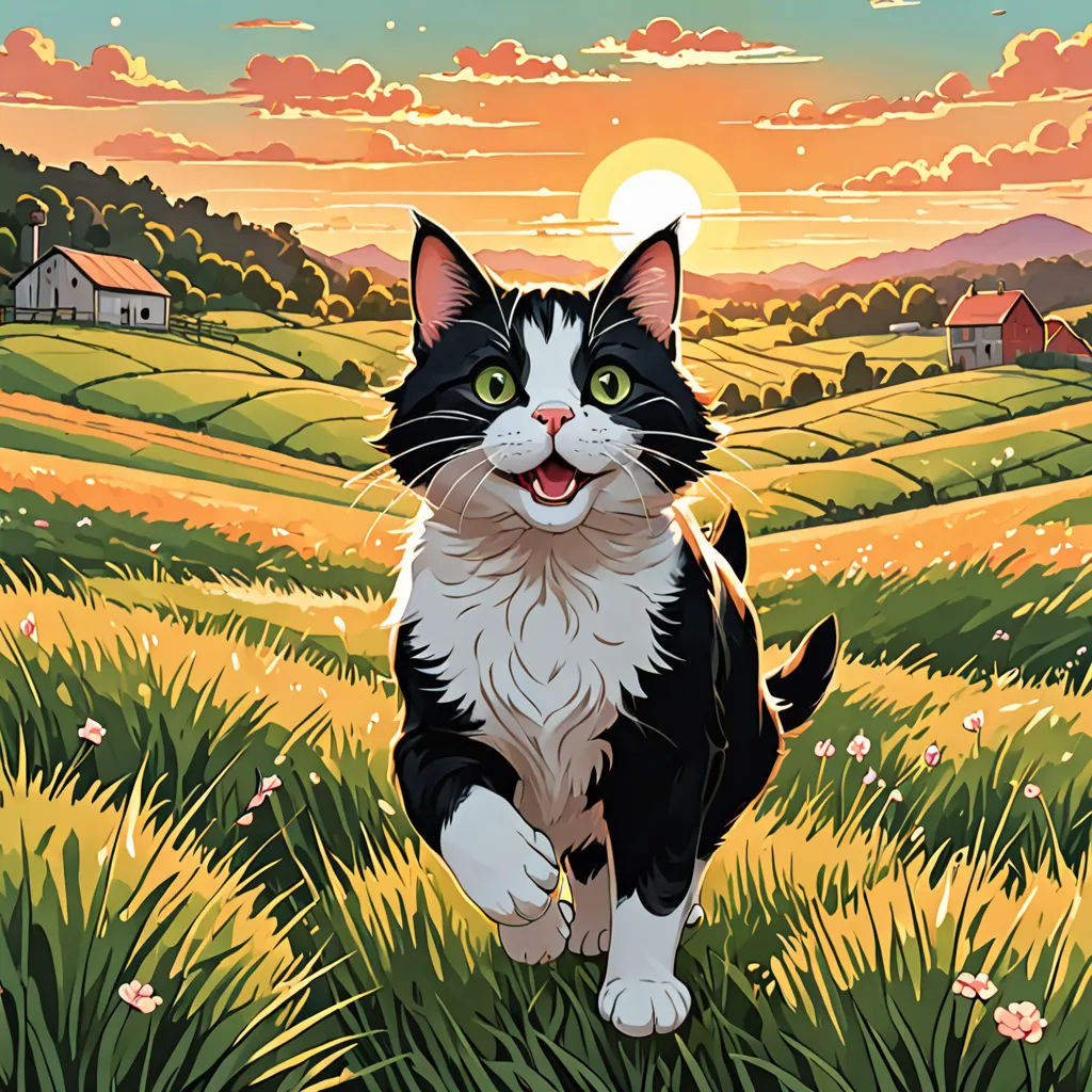 a cat is standing in a field of grass with a sunset in the background and a house in the distance, serial art, a storybook illustration, Dan Mumford, official art