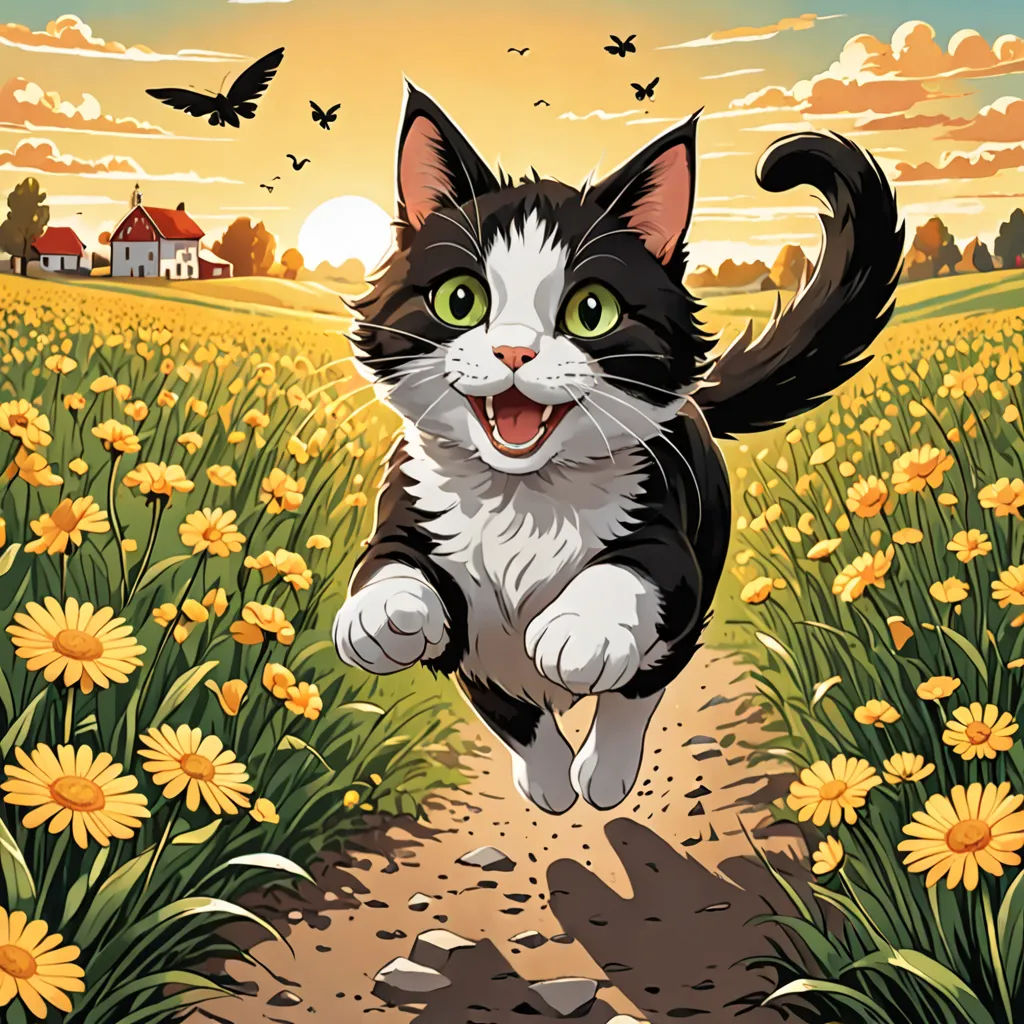 a cat running through a field of flowers with a bird flying overhead in the background of the picture,, serial art, a storybook illustration, Carlos Catasse, promotional image