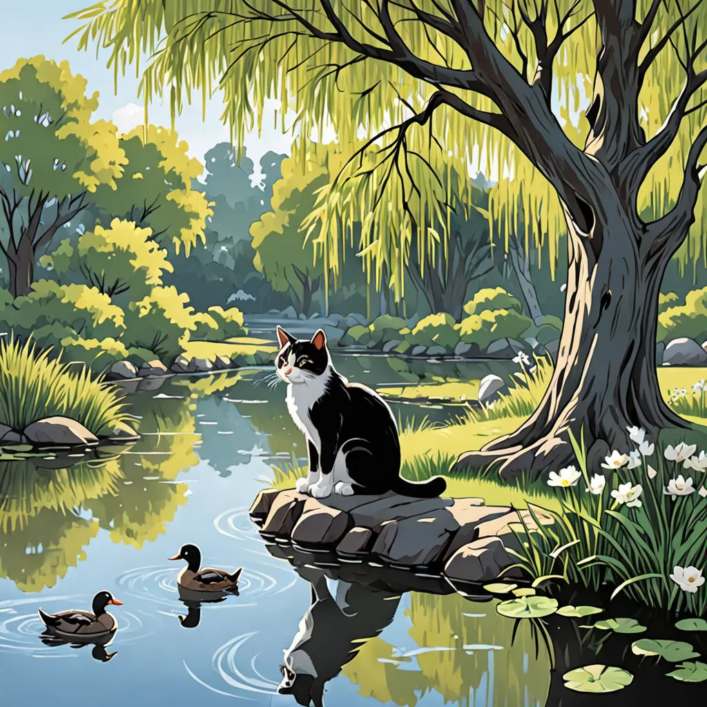 a cat sitting on a rock in a pond with ducks and trees in the background, and a pond with ducks and water lillies, american scene painting, a storybook illustration, Chris LaBrooy, storybook illustration