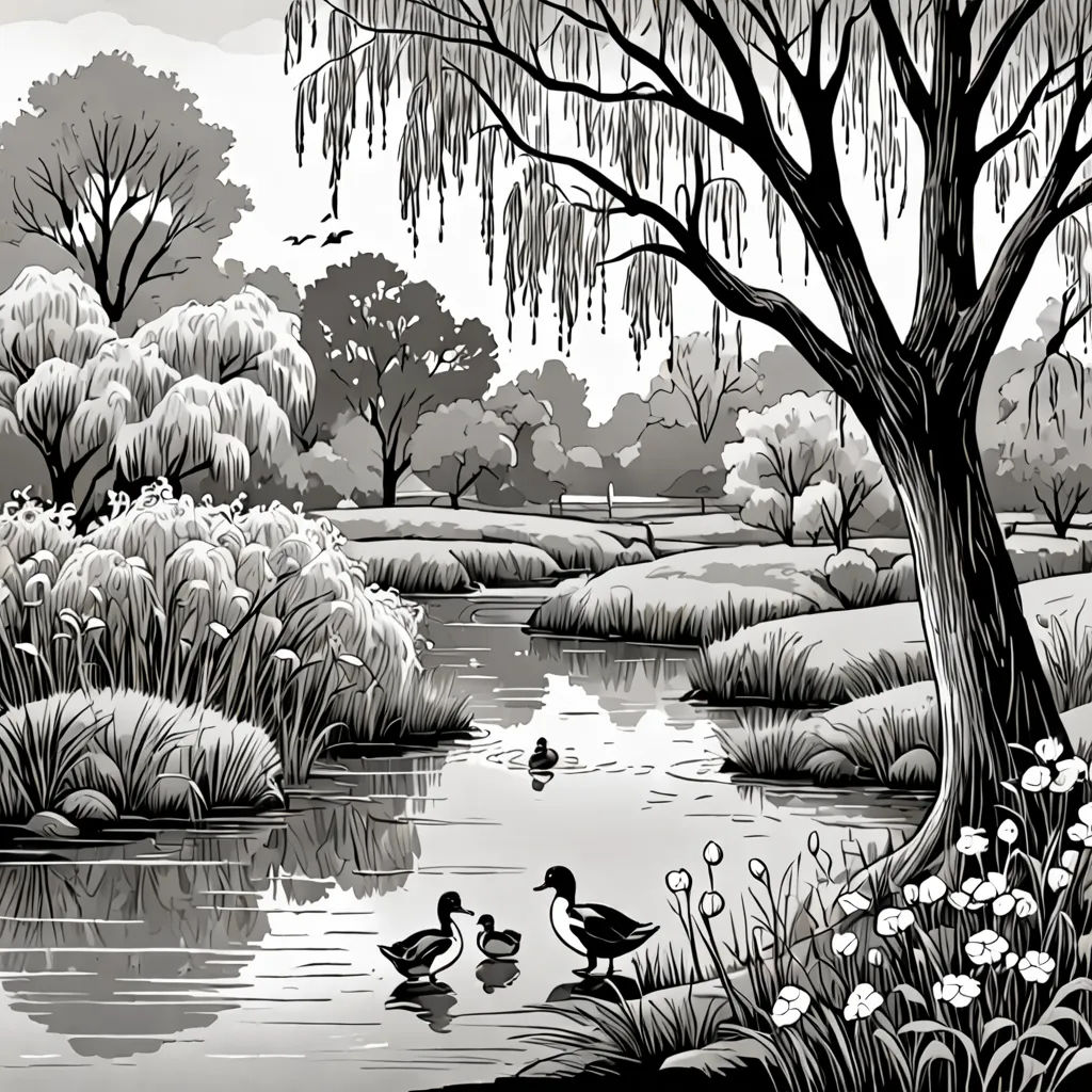 a black and white drawing of ducks in a pond near a tree and flowers with a willow tree in the background, modern european ink painting, an ultrafine detailed painting, Dan Mumford, highly detailed digital art