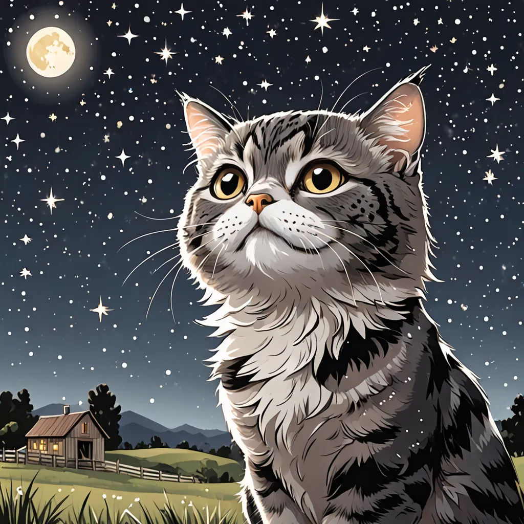 a cat sitting in the grass looking up at the stars in the sky above it and a barn in the distance, space art, a storybook illustration, Dan Mumford, official art