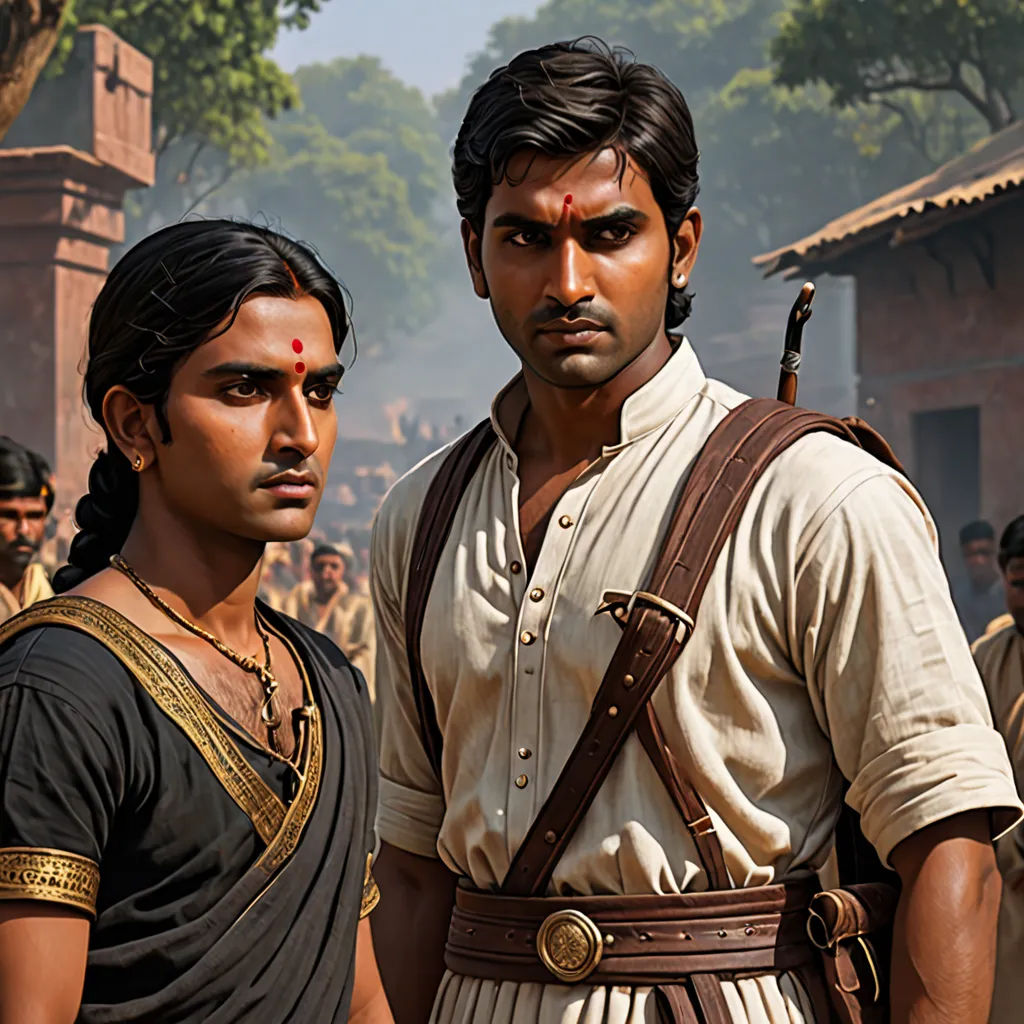 two men standing next to each other in front of a crowd of people in a village with trees and buildings, samikshavad, a detailed matte painting, Altoon Sultan, promotional image