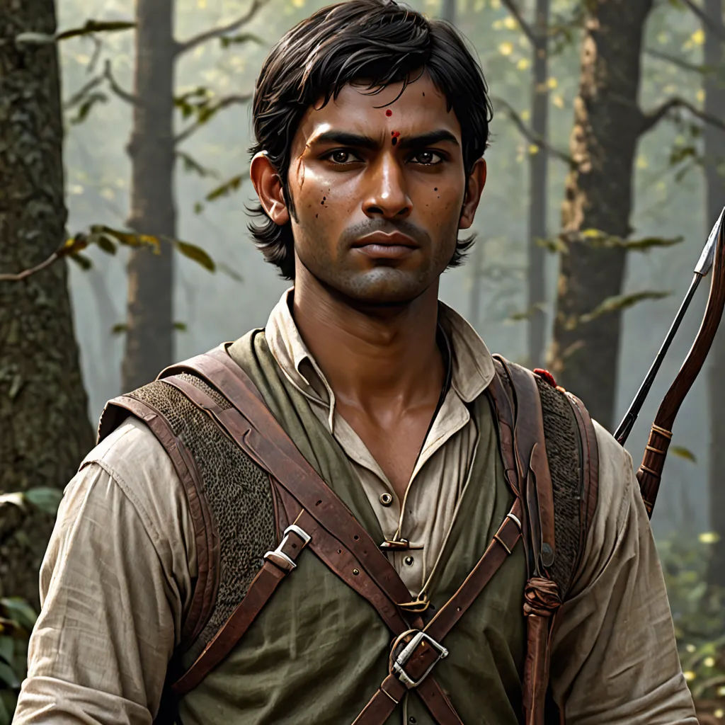a man with a bow and a beard in a forest with trees and fog behind him, with a bow in his hand, samikshavad, a character portrait, Anthony Devas, jayison devadas