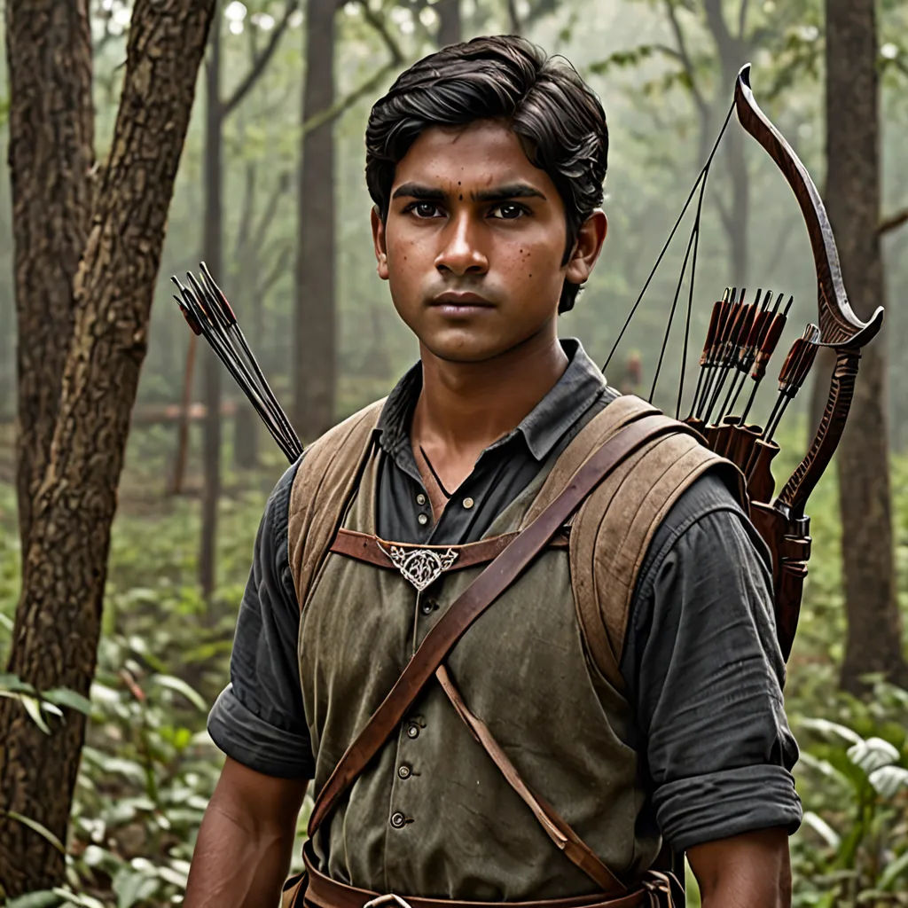 a man with a bow and arrow in a forest with trees and bushes behind him, looking at the camera, samikshavad, a character portrait, Bikash Bhattacharjee, jayison devadas