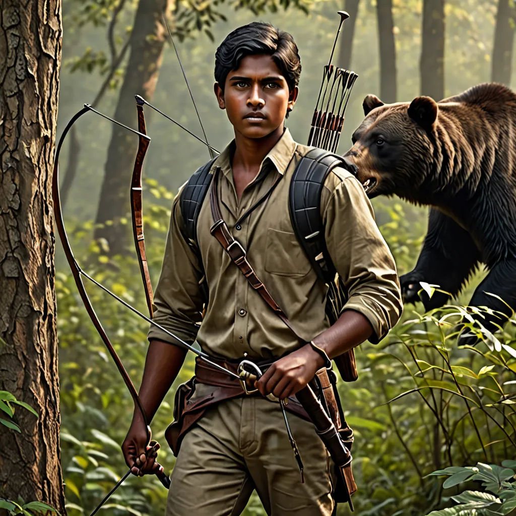 a man holding a bow and a bear in the woods with a bow in his hand and a bear behind him, samikshavad, a character portrait, Aloysius O'Kelly, promotional image