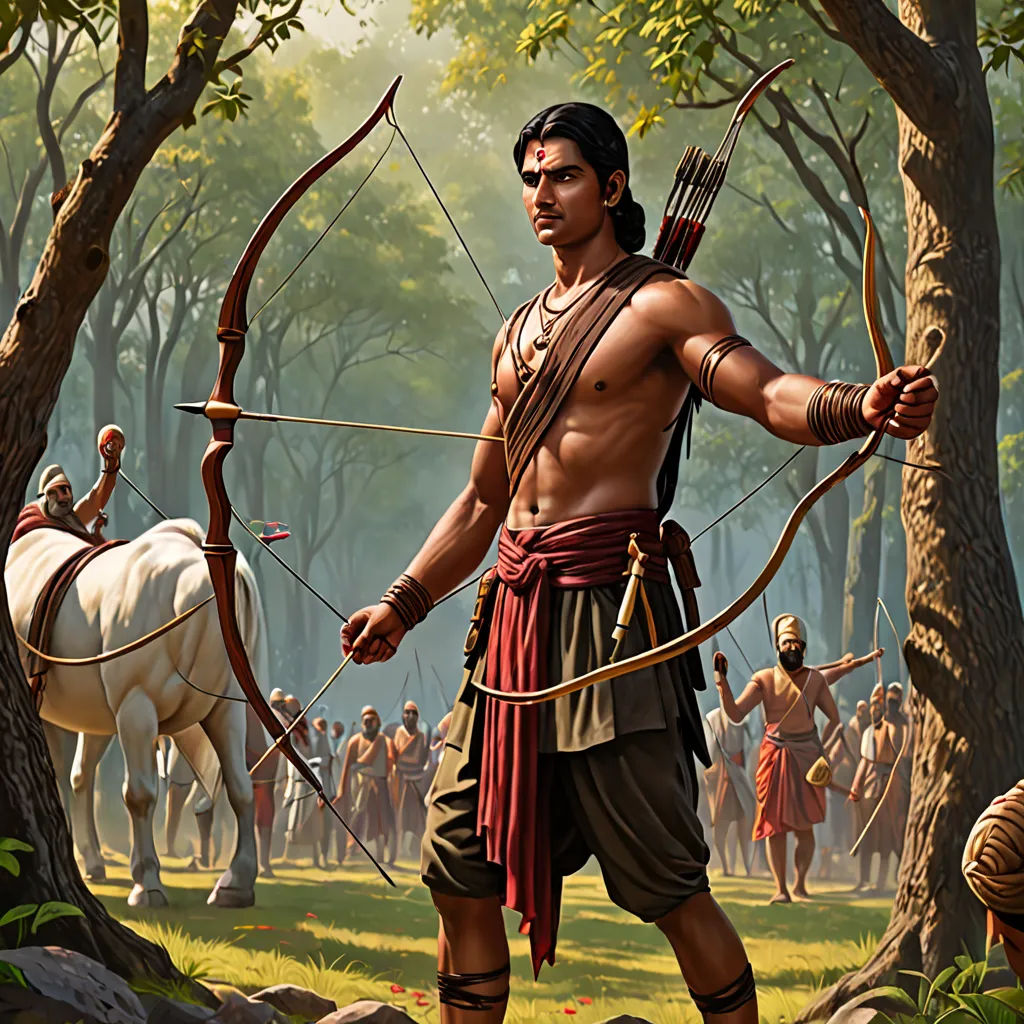 a painting of a man with a bow and arrow in a forest with other men in the background and a horse, samikshavad, a detailed matte painting, Bholekar Srihari, epic fantasy character art