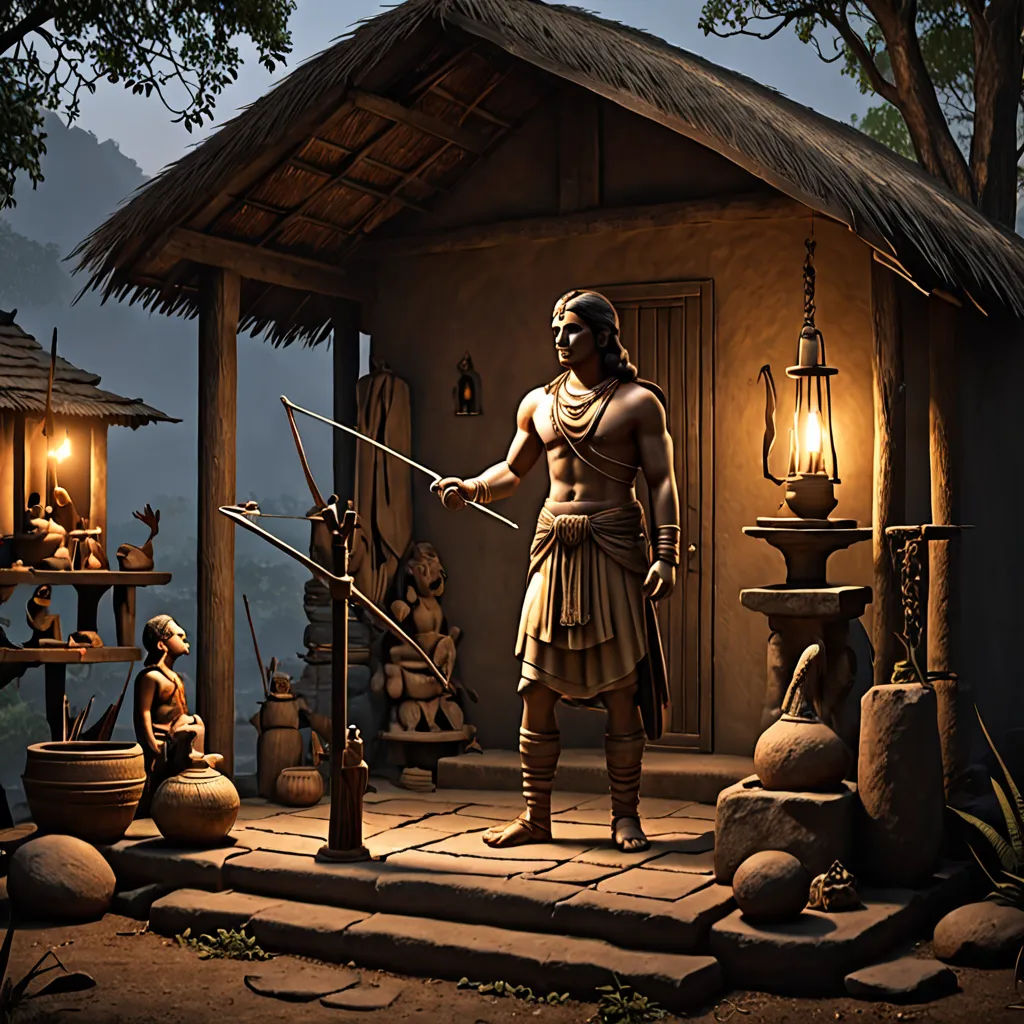 a man in a native american outfit holding a sword and a bow in front of a hut with a stone floor, fantasy art, a bronze sculpture, Anthony Devas, cinematic lighting