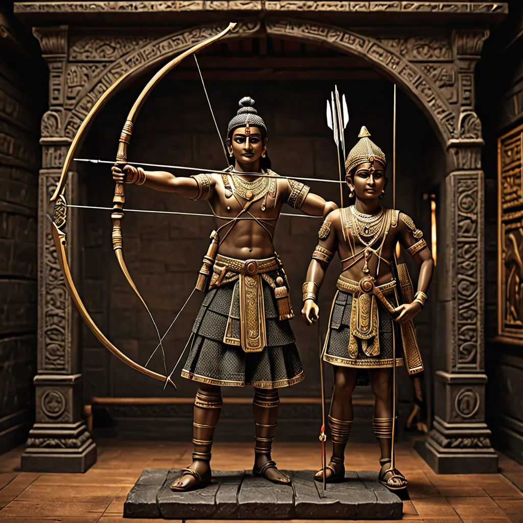 a statue of two men with a bow and arrow in a room with a stone archway and a brick wall, bengal school of art, a bronze sculpture, Bholekar Srihari, 3 d model