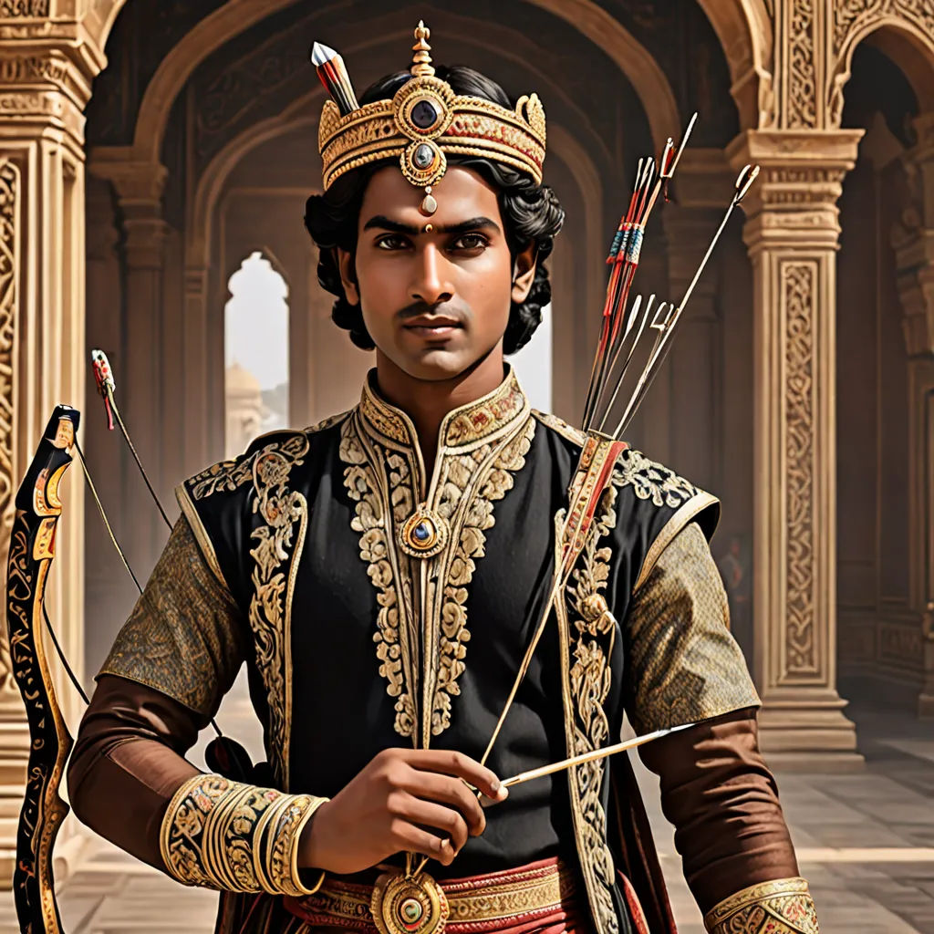 a man dressed in a costume with arrows in his hand and a bow in his hand, standing in front of a building, samikshavad, a character portrait, Altoon Sultan, jayison devadas