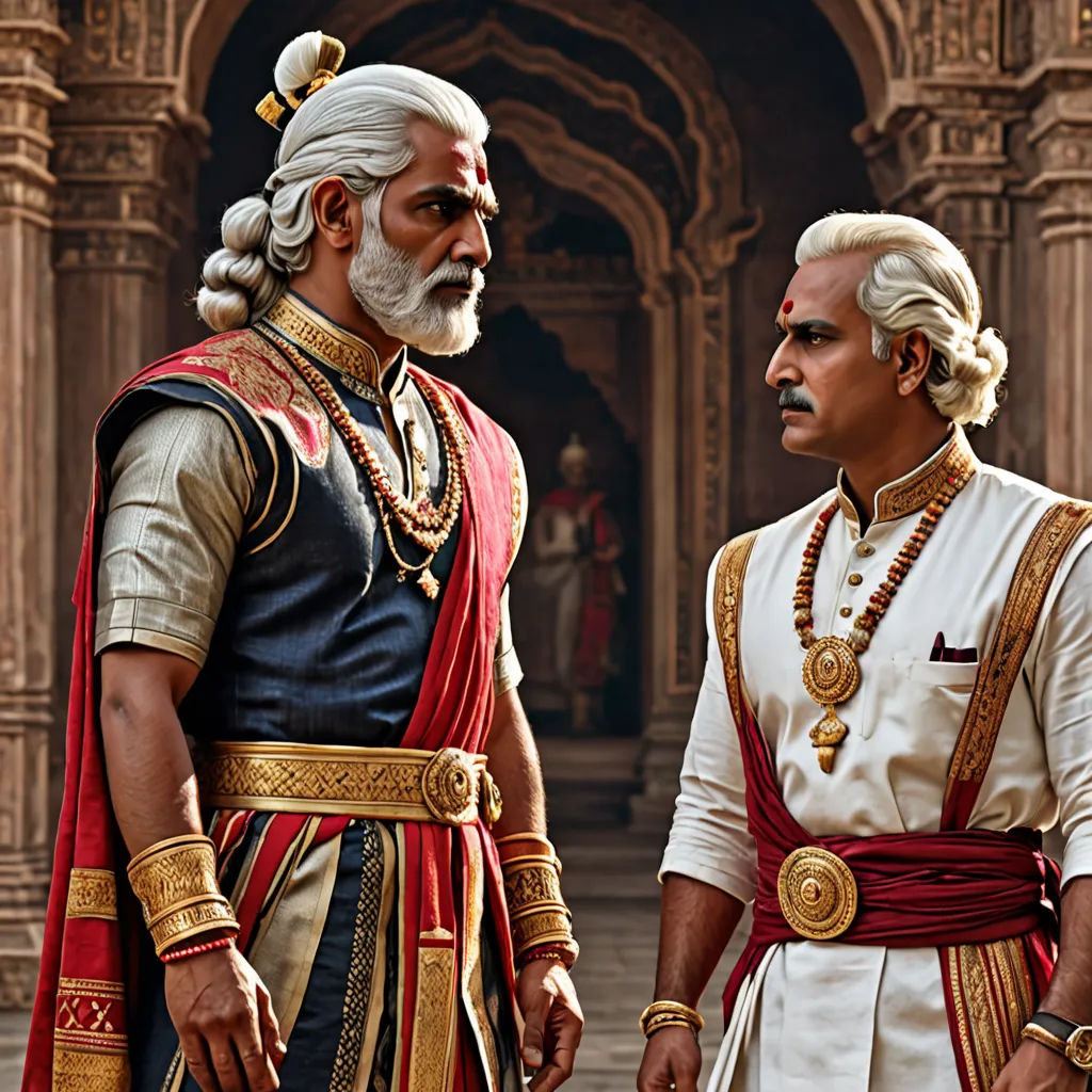 two men dressed in indian clothing standing next to each other in front of a building with arches and pillars, samikshavad, a detailed matte painting, Bholekar Srihari, movie still