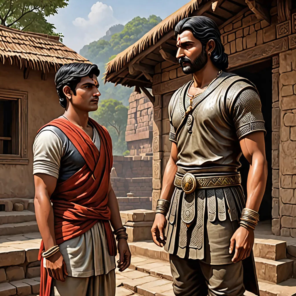 a painting of two men standing next to each other in front of a house with a thatched roof, samikshavad, a detailed matte painting, Anthony Devas, promotional image