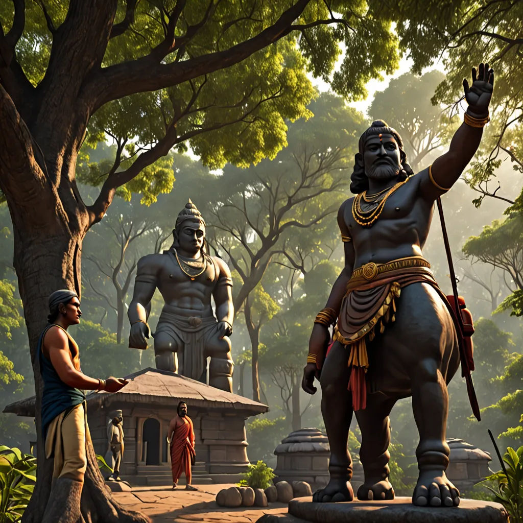 a man standing next to a statue of a man riding a horse in a forest with other statues behind him, samikshavad, a statue, Bholekar Srihari, cgstudio