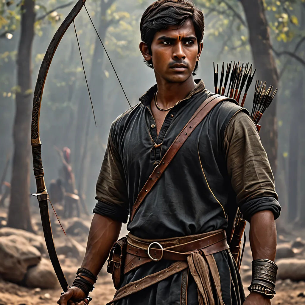 a man in a costume holding a bow and arrow in a forest with other men in the background in the background, samikshavad, a character portrait, Bholekar Srihari, jayison devadas