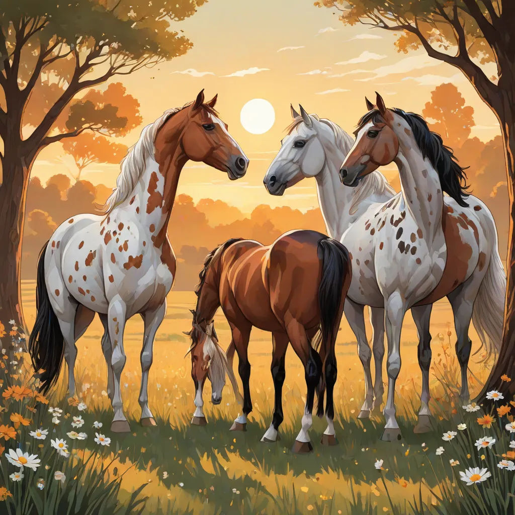 three horses standing in a field with trees and flowers in the background, with the sun setting behind them, Chris LaBrooy, american scene painting, a storybook illustration, highly detailed digital painting